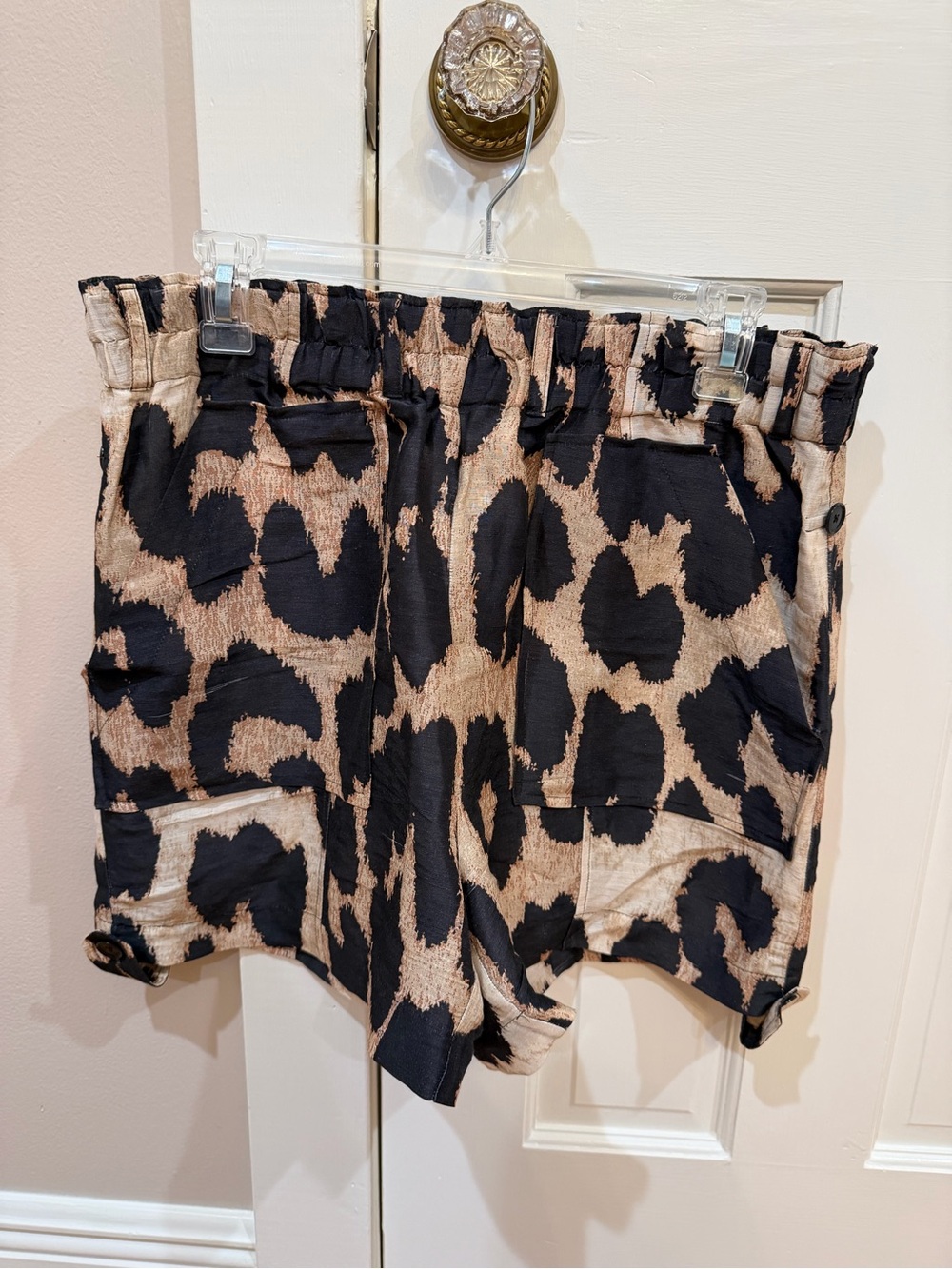Ganni Black and Tan Leopard-Print Paperbag Shorts